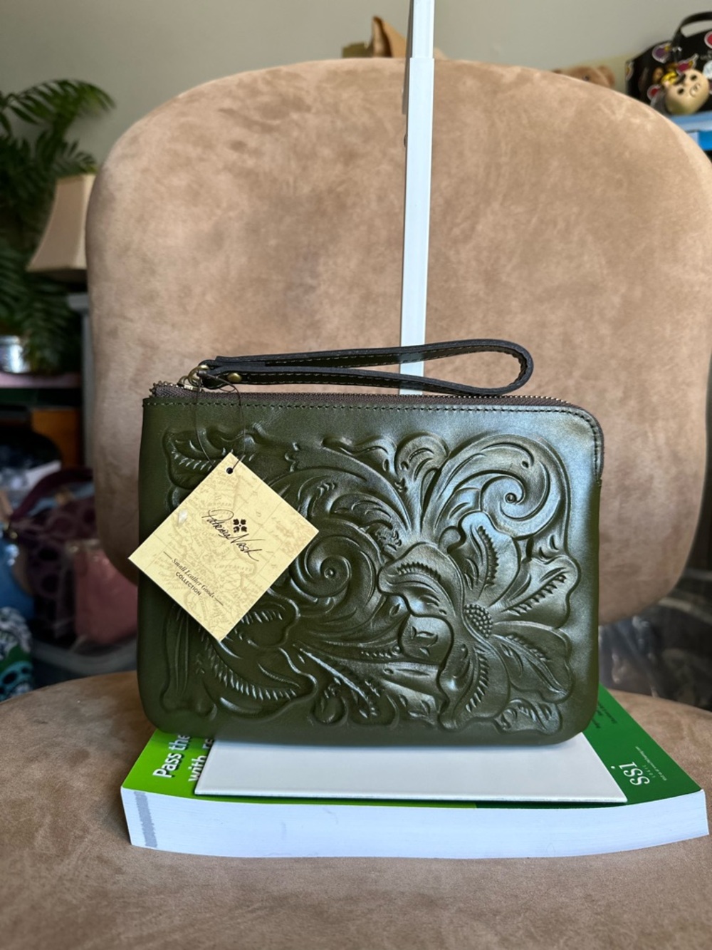 Patricia Nash Cassini Large Wrislet Floral Embossed Olive Green New with Tag